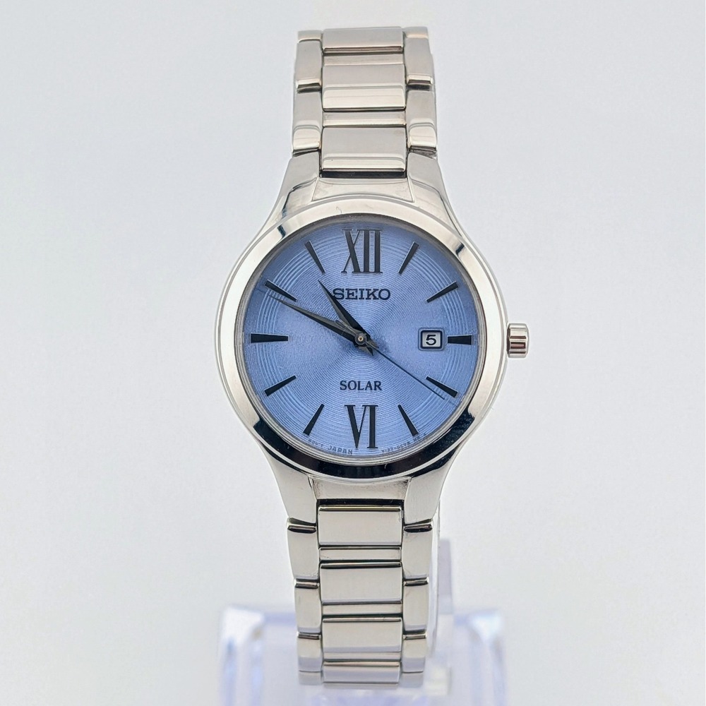 Seiko Solar V137-0BH0 Women's Watch Blue Guilloche Dial Date Stainless Steel Box - Picture 9 of 13